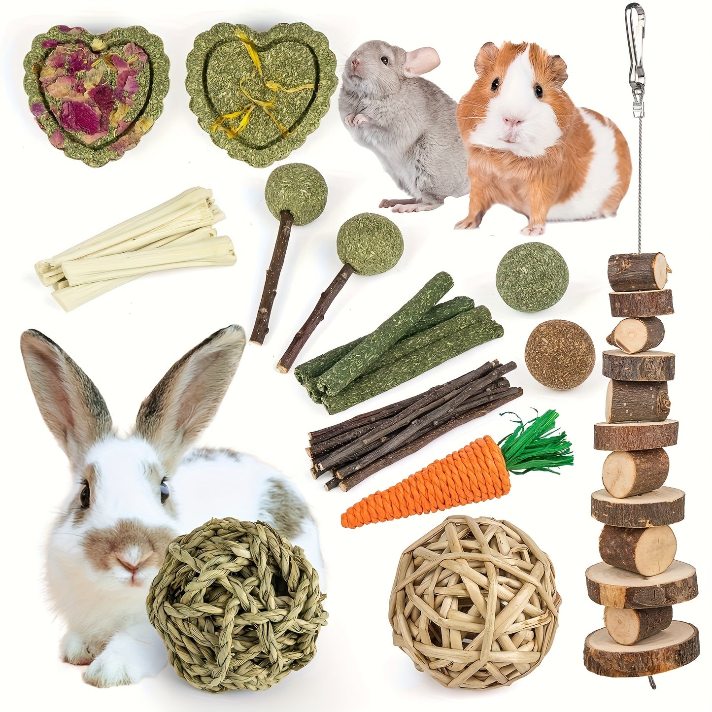 Teddy Baby Rabbit Toys Natural Timothy Hay Chews Apple Wood Sticks for Guinea Pig Hamster Chinchilla and Rat
