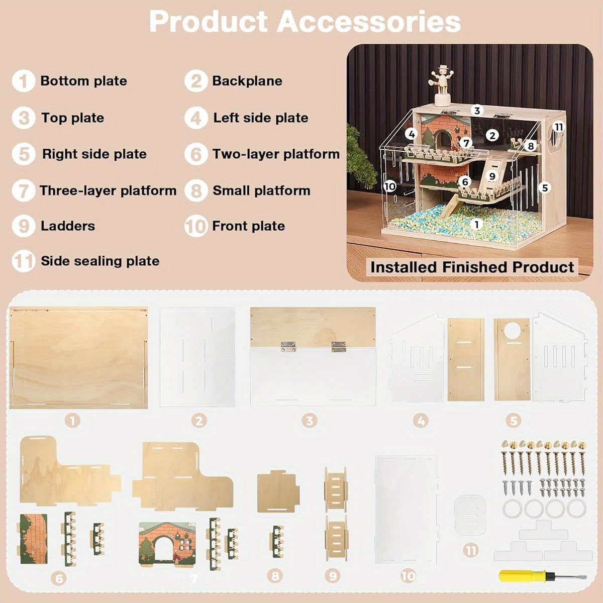 15.8 Inch 3 Tier Hamster Cage with Acrylic Top and Stairs Pastoral Style Small Animal Habitat for Mice and Hedgehogs Multi Level Ventilated Design Easy Clean Base and Accessories