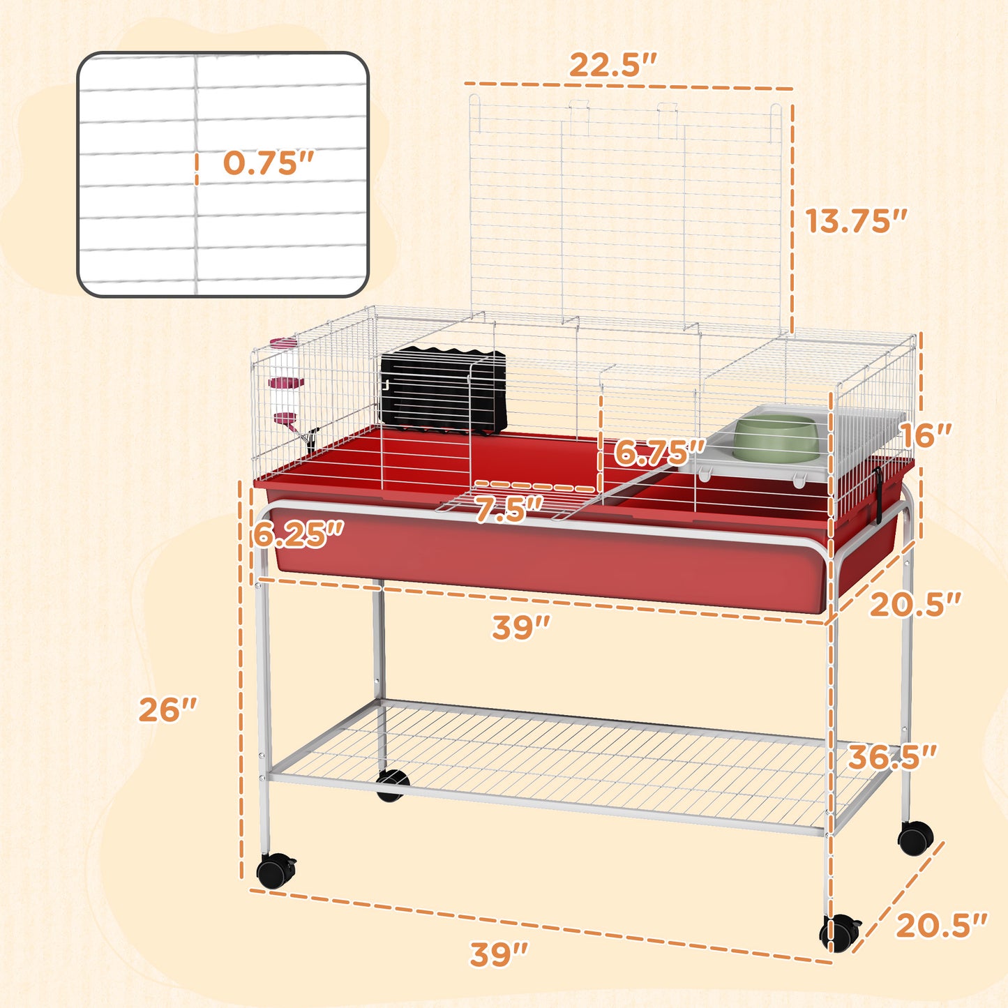PawHut Two Story Small Animal Cage Removable from Stand Guinea Pig Hedgehog Chinchilla Ferret with Shelf and Wheels Pet Habitat