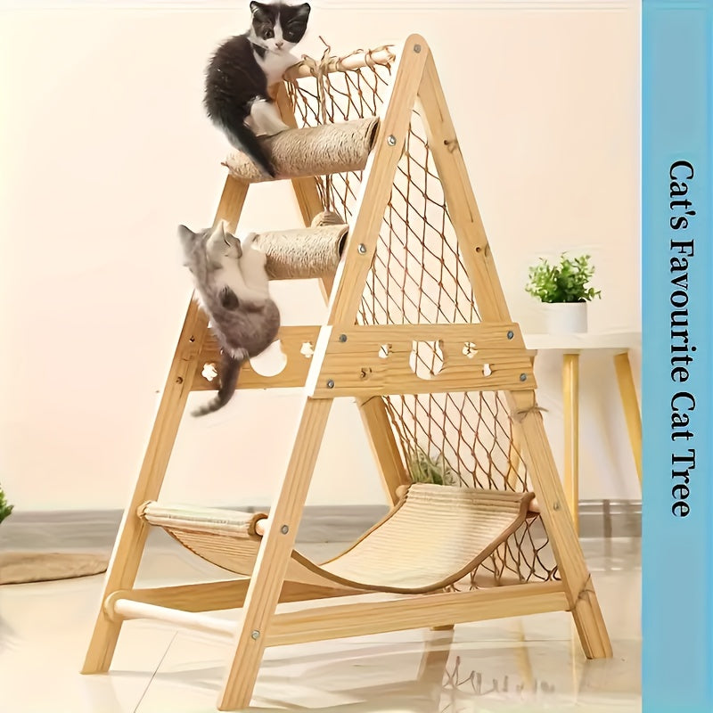 1pc 6 in 1 Deluxe Cat Tree Tower Multi Level Cat Activity Center with Real Wood and Sisal Rope Scratching Posts Climbing Net Hammock and Jumping Platforms Spacious Resting and Sleeping Areas for All Cat Breeds and Ages