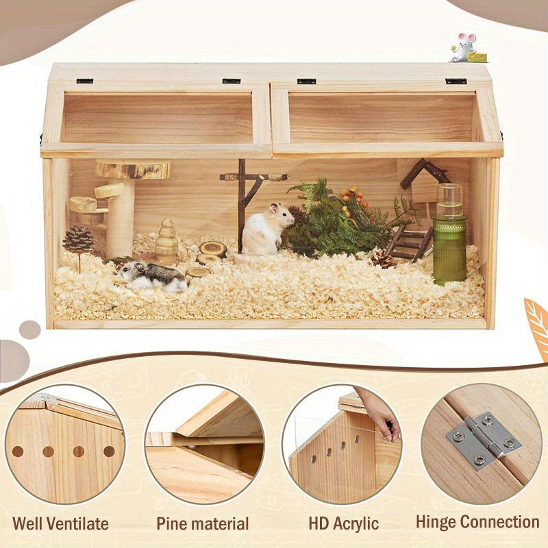 SliverDew Solid Wood Breeding Box for Hamsters and Chickens Double Door High Tolerance Acrylic Hamster Cage Spacious Indoor Pet Activity House with Ventilation Mesh and Easy Clean Design Transparent Hideout