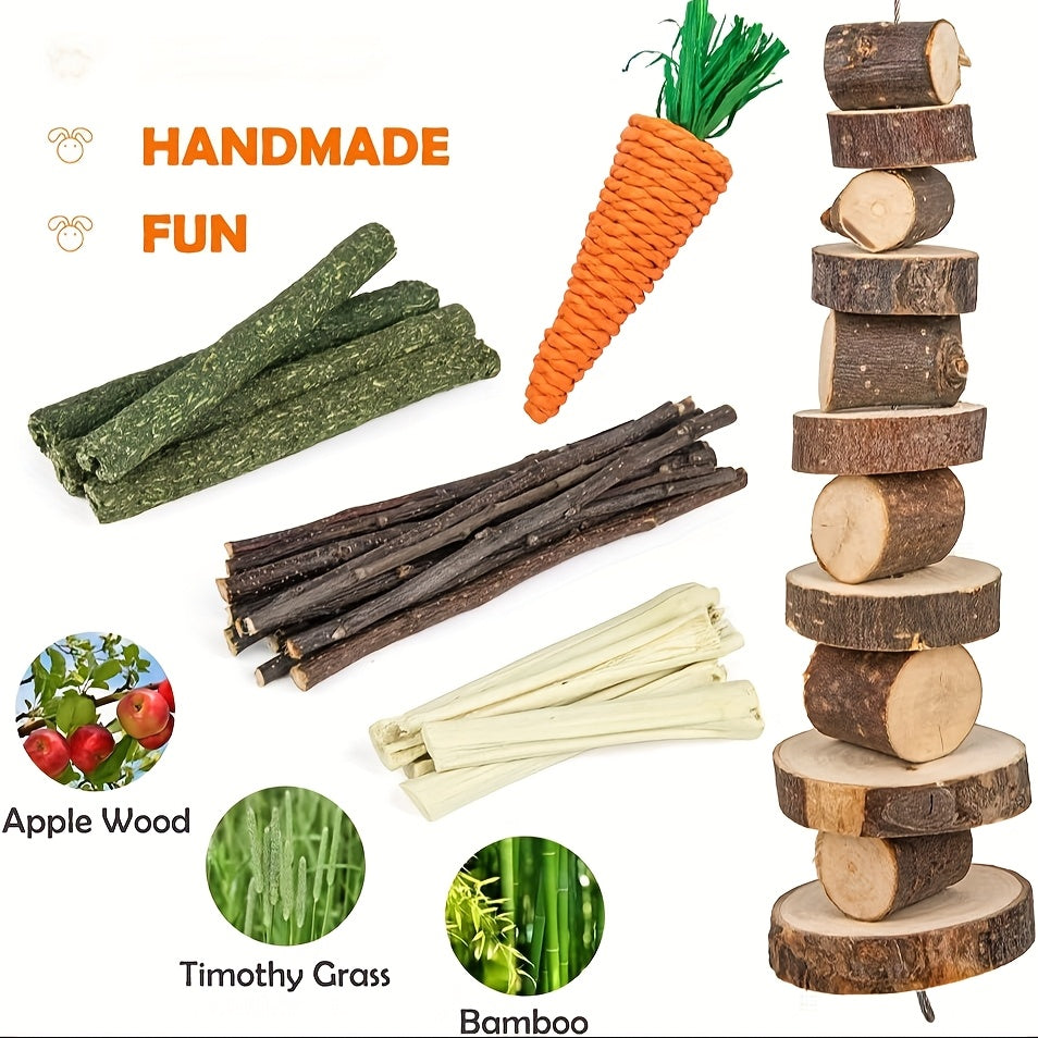 Natural Timothy Hay Chew Sticks Balls and Woven Wicker Toys for Rabbits Hamsters Guinea Pigs and Chinchillas High Quality Recycled Wood Dental Health and Mental Stimulation Pet Chew Toys