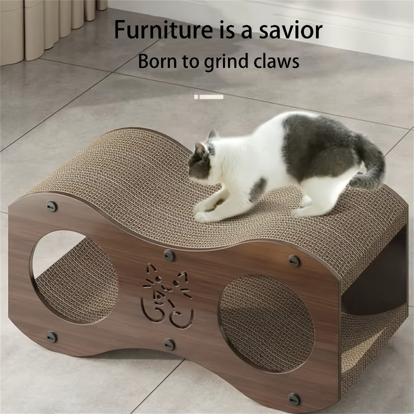 Durable Walnut Wood Cat Scratcher Lounge Cozy All Season Kitty Play Sofa and Bed with Non Shedding Woven Nest and Integrated Scratch Pad