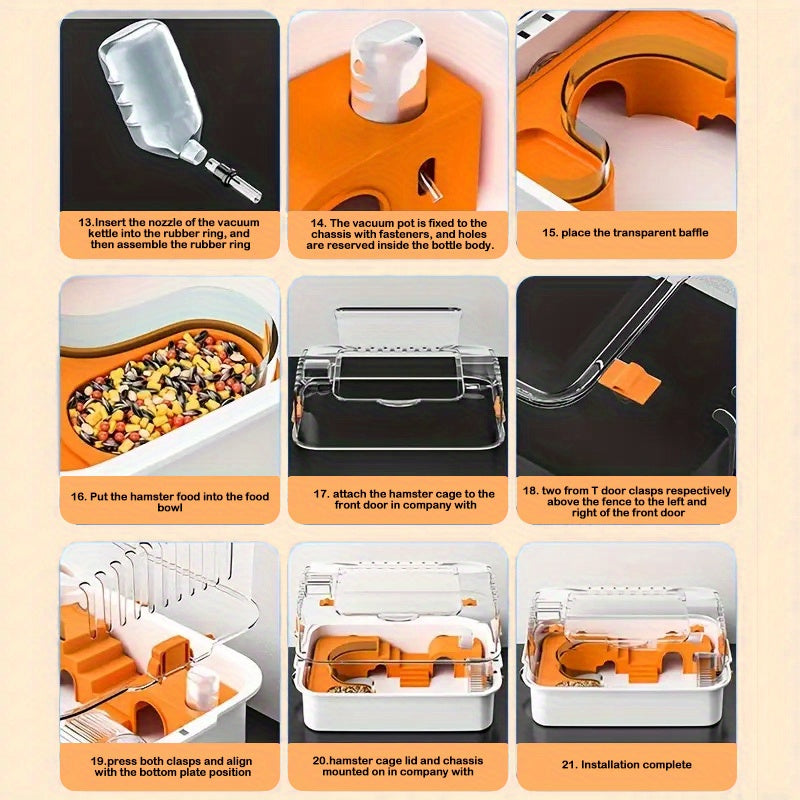 Mozeat Lens Spacious Small Pet Cage for Hamsters Mice Gerbils with Water Bottle Exercise Wheel Food Tray and Cozy Hideout Durable White Plastic with Orange Accents