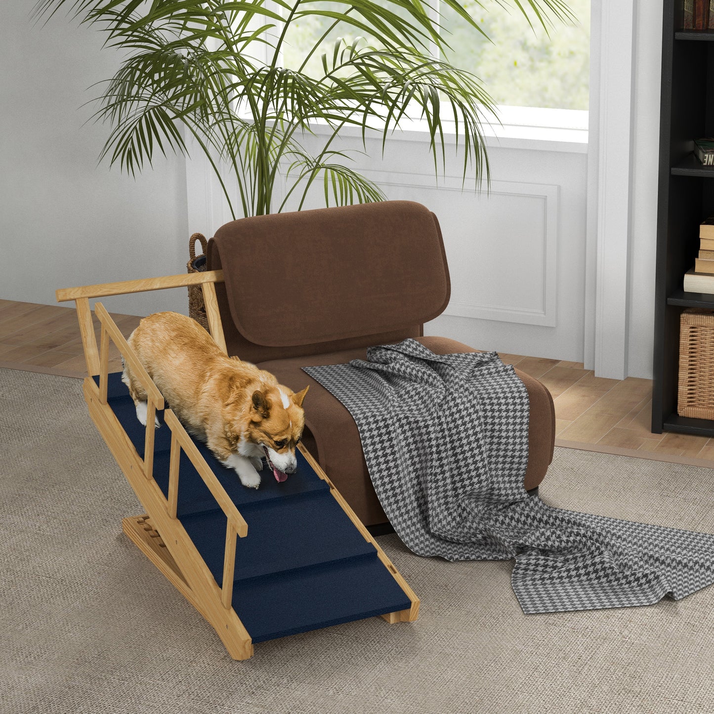 PawHut Adjustable Dog Ramp Foldable Wooden Pet Stairs with Non-Slip Mat for Small to Large Dogs Natural Wood Finish