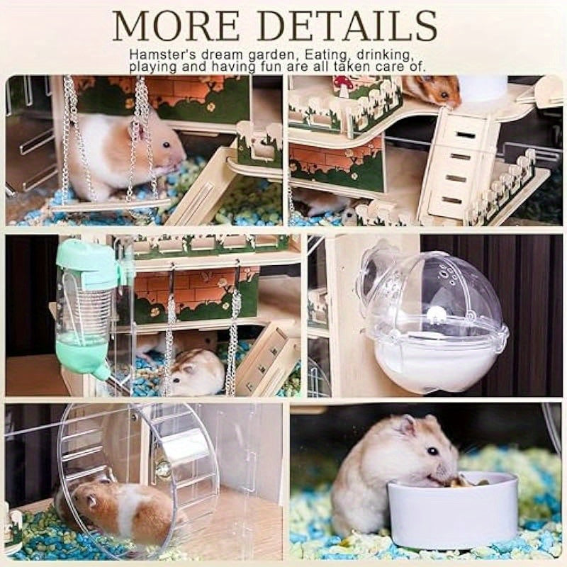 11 In 1 Hamster Cage with Wheel Swing Stairs Fence 3 Tier Large Habitat Heavy Duty Wooden and Acrylic Construction Spacious 15.8 Inch Small Pet House for Hamsters Mice Dwarf Hamsters and Hedgehogs Easy Assembly and Cleaning