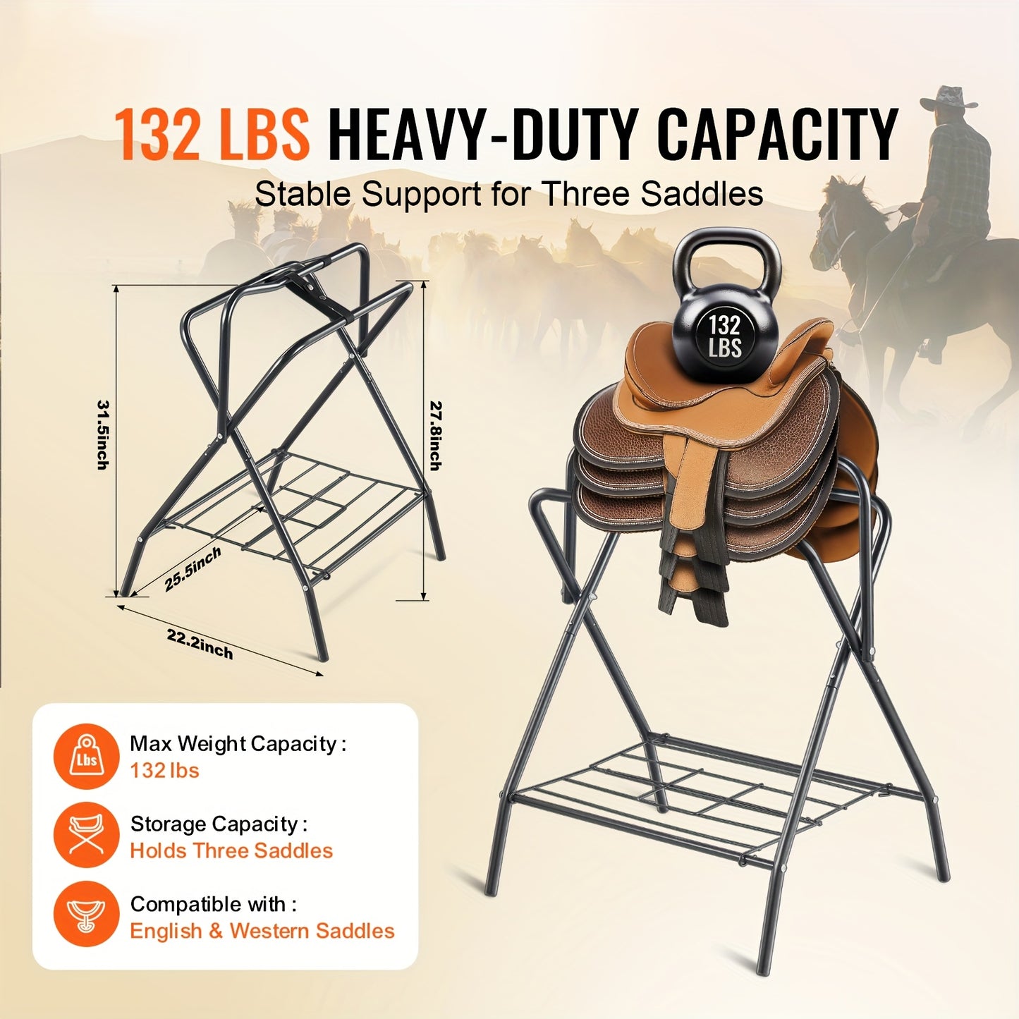 Happybuy Folding Saddle Rack Freestanding Horse Saddle Stand Portable Horse Blanket Holder Heavy Duty Steel Saddle Rack for English and Western Saddles Tack Storage Black 28 x 19 x 37.5 Inches