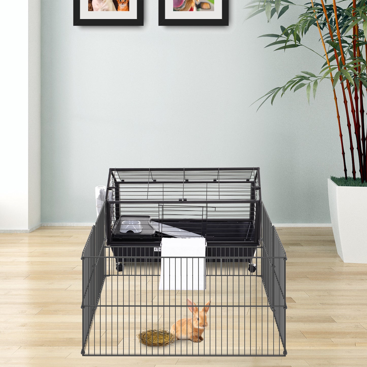 PawHut Small Animal Cage with Foldable Run Area Rolling Bunny Cage Guinea Pig Cage Hedgehog Cage with Water Bottle Water Bowl and Ramps 35 Inch L