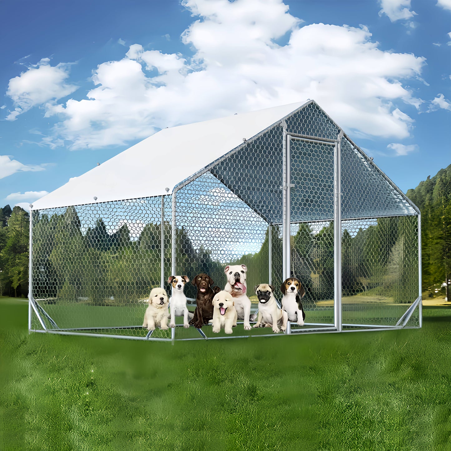 Large Metal Dog Cage and Chicken Coop with Walk-In Access Spire Roof and Anti-UV Cover Durable Outdoor Poultry Pen for Backyard Farm Small Animals Dogs Weather-Resistant Design