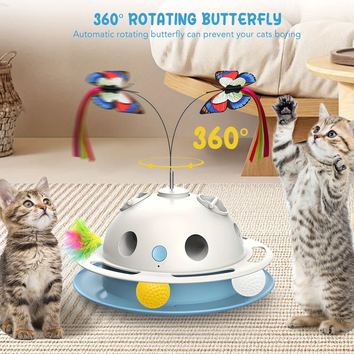 Indoor 4-in-1 Cat Toy, 360° Motorized Butterfly Toy