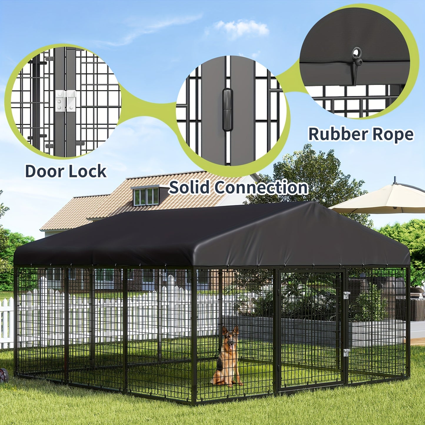 Outdoor Large Dog Cage with Waterproof Cover and Safety Lock