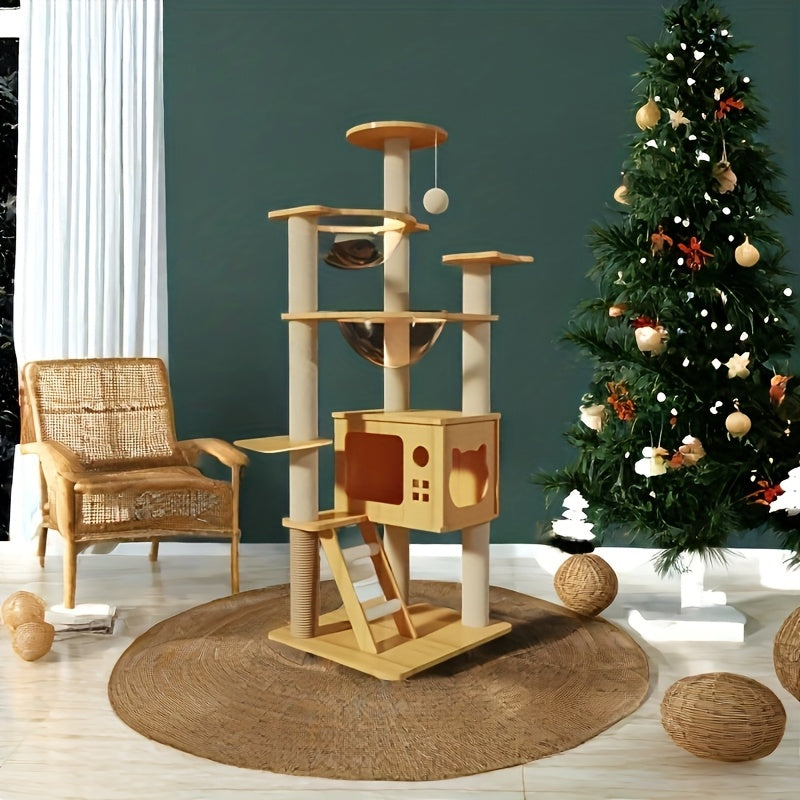 51 Inch Modern Cat Tree With Acrylic Dome Wooden Cat Tower Multi Level Wood Cat Condo Round Top Perch Scratching Post