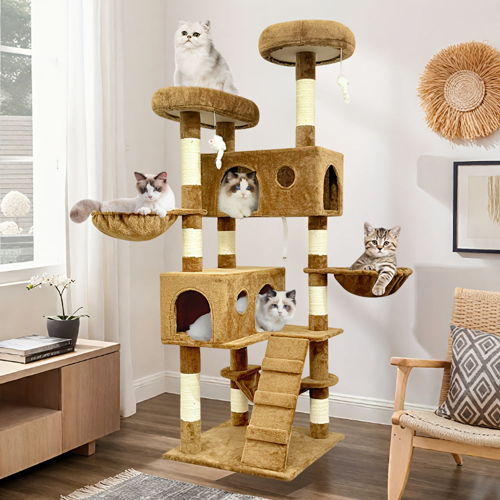 Large Deluxe Cat Tree Tower Multi-level Indoor Cat Condo Sisal-covered Scratching Posts Padded Perches Hammocks Secret Cat Den Plush Mouse Climbing Rope Stable Anti-tilt Design