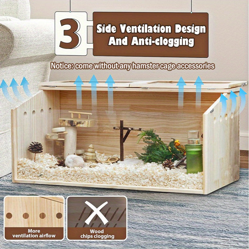 SliverDew Solid Wood Breeding Box for Hamsters and Chickens Double Door High Tolerance Acrylic Hamster Cage Spacious Indoor Pet Activity House with Ventilation Mesh and Easy Clean Design Transparent Hideout