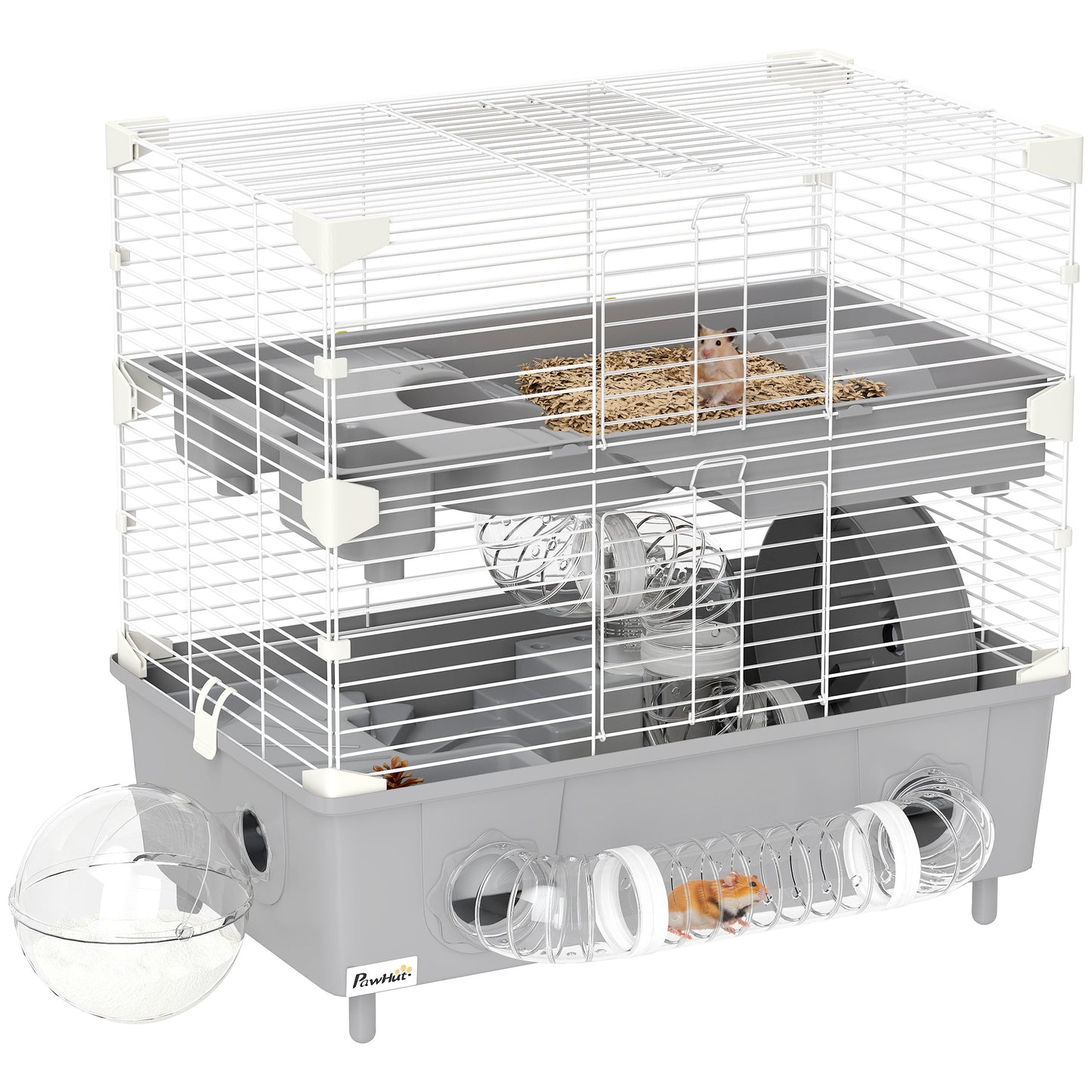 2 Tier Hamster Cage with Sand Bathroom Running Wheel Water Bottle Tubes Accessories Small Animal Cage 17.5 x 11 x 17 Gray