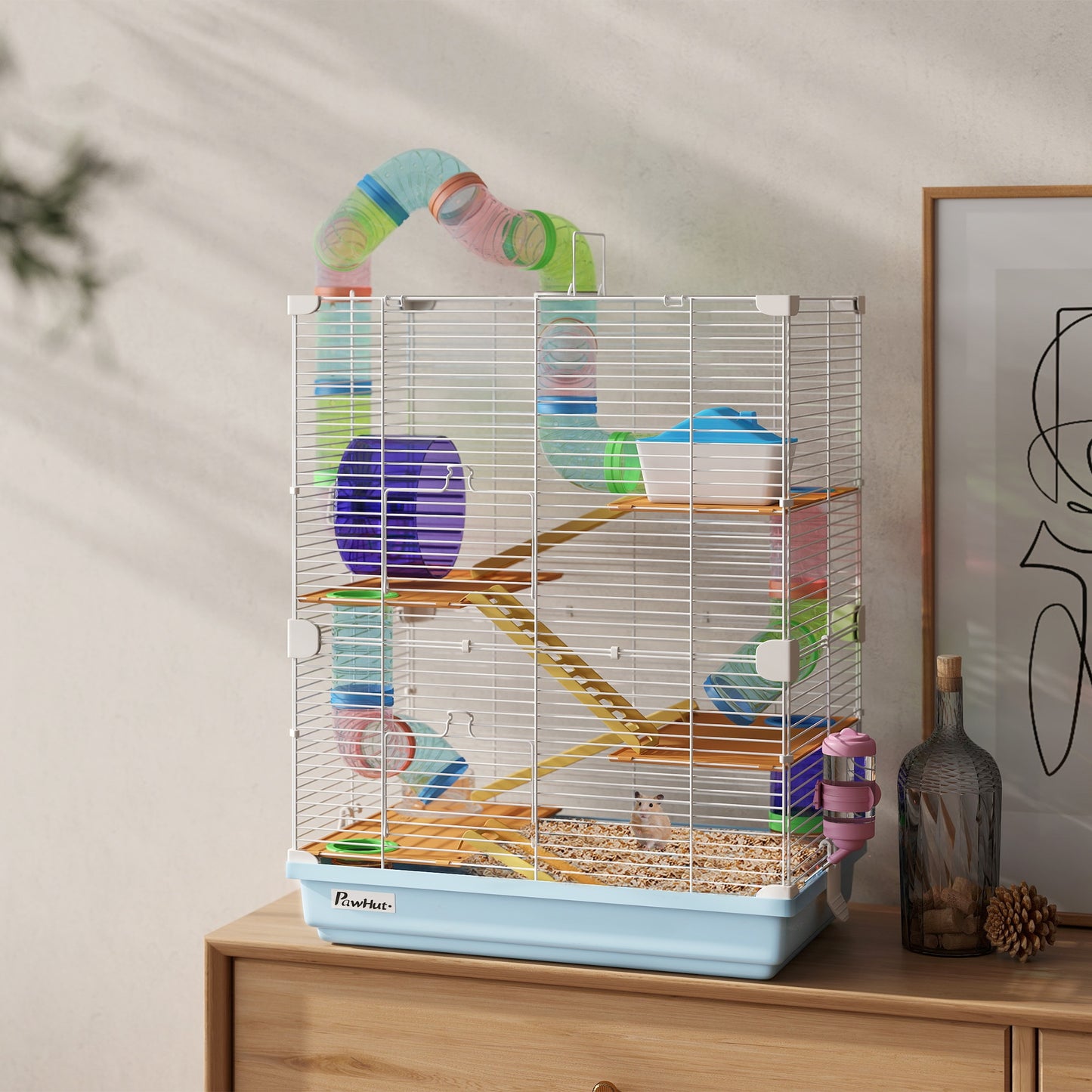 PawHut 18 Inch 5 Tier Hamster Cage with Tubes and Tunnels Small Animal Cage with Portable Carry Handle Gerbil Cage with Water Bottle Food Dish Exercise Wheel Light Blue