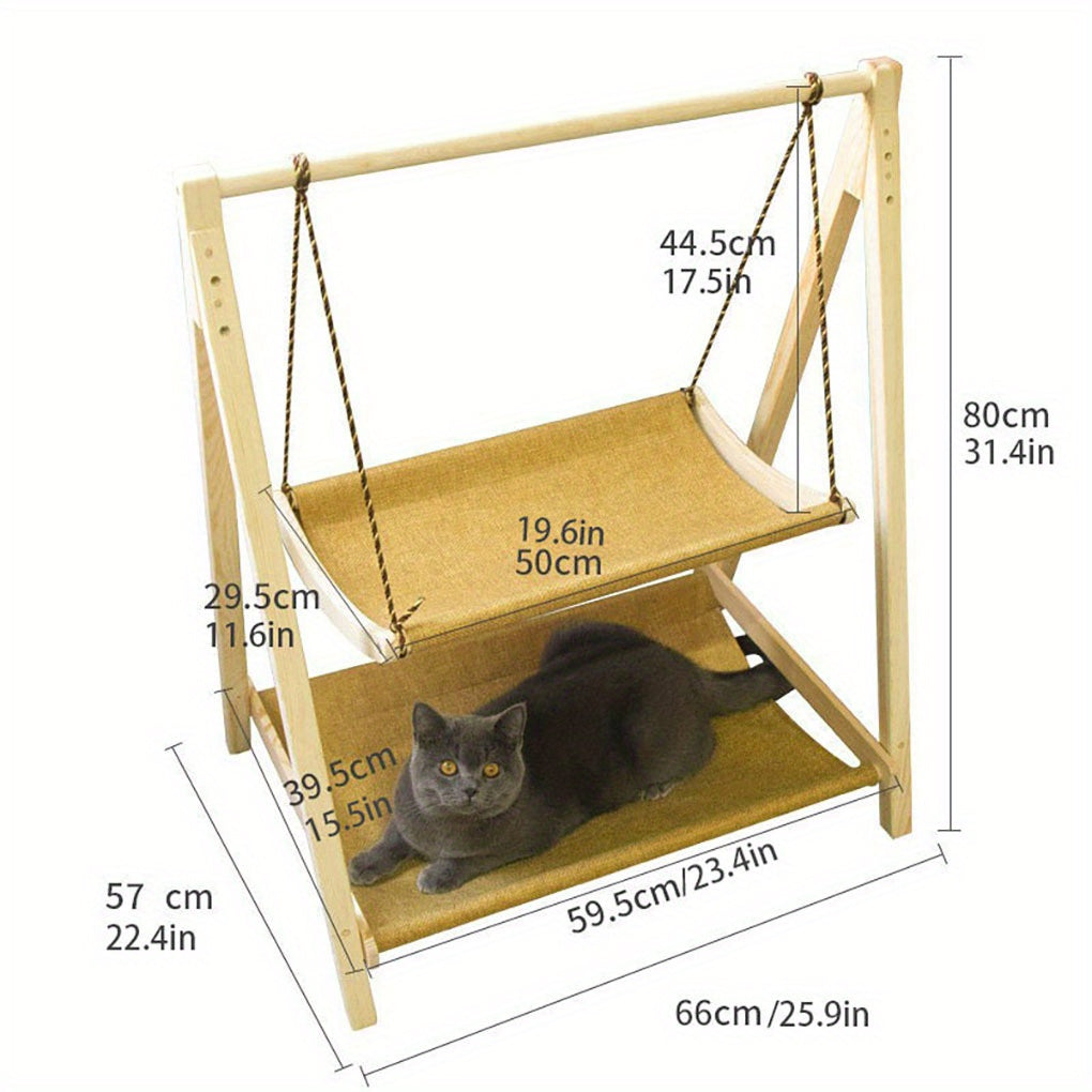 Double Layer Wooden Cat Swing Hammock with Soft Padding All Season Durable Cat Bed Easy Assembly Versatile Dual Level Design for Indoor and Outdoor Use Ideal for Cats