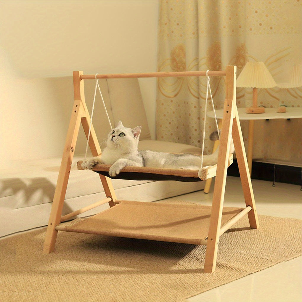 Double Layer Wooden Cat Swing Hammock with Soft Padding All Season Durable Cat Bed Easy Assembly Versatile Dual Level Design for Indoor and Outdoor Use Ideal for Cats