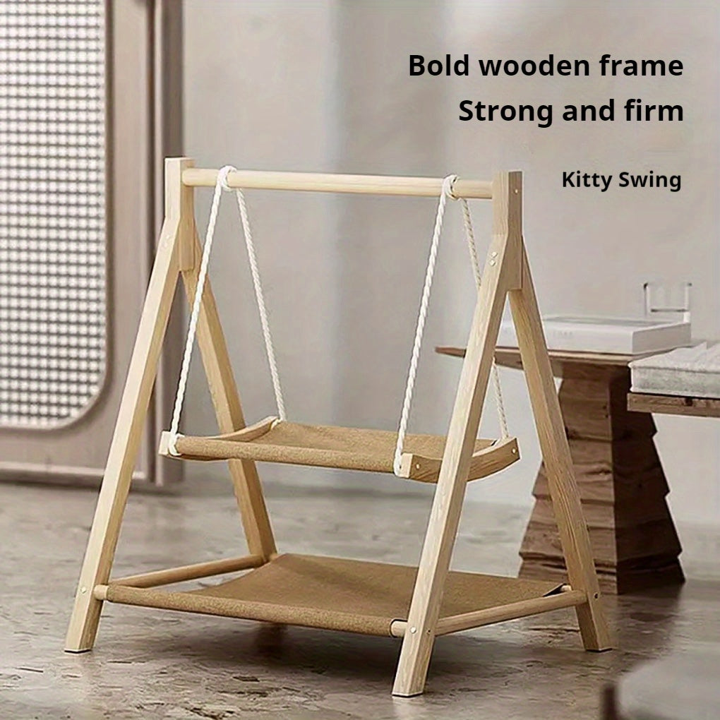 Double Layer Wooden Cat Swing Hammock with Soft Padding All Season Durable Cat Bed Easy Assembly Versatile Dual Level Design for Indoor and Outdoor Use Ideal for Cats