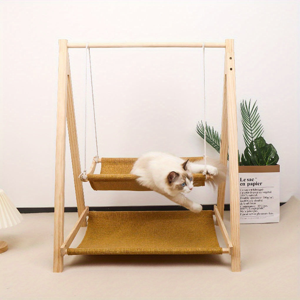 Double Layer Wooden Cat Swing Hammock with Soft Padding All Season Durable Cat Bed Easy Assembly Versatile Dual Level Design for Indoor and Outdoor Use Ideal for Cats