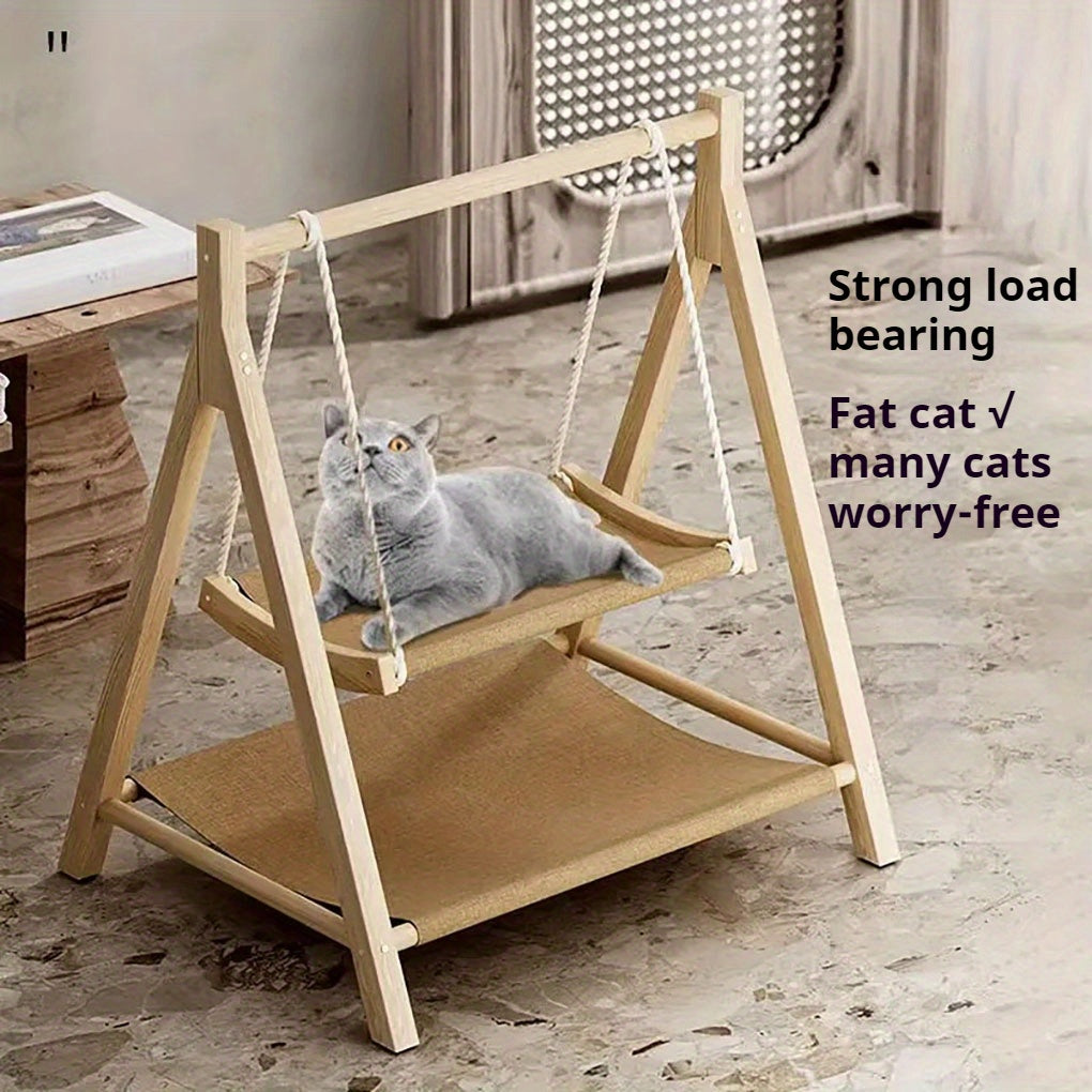 Double Layer Wooden Cat Swing Hammock with Soft Padding All Season Durable Cat Bed Easy Assembly Versatile Dual Level Design for Indoor and Outdoor Use Ideal for Cats