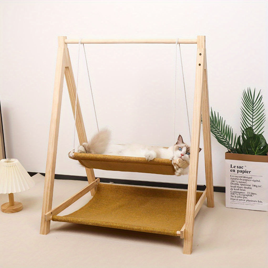 Double Layer Wooden Cat Swing Hammock with Soft Padding All Season Durable Cat Bed Easy Assembly Versatile Dual Level Design for Indoor and Outdoor Use Ideal for Cats