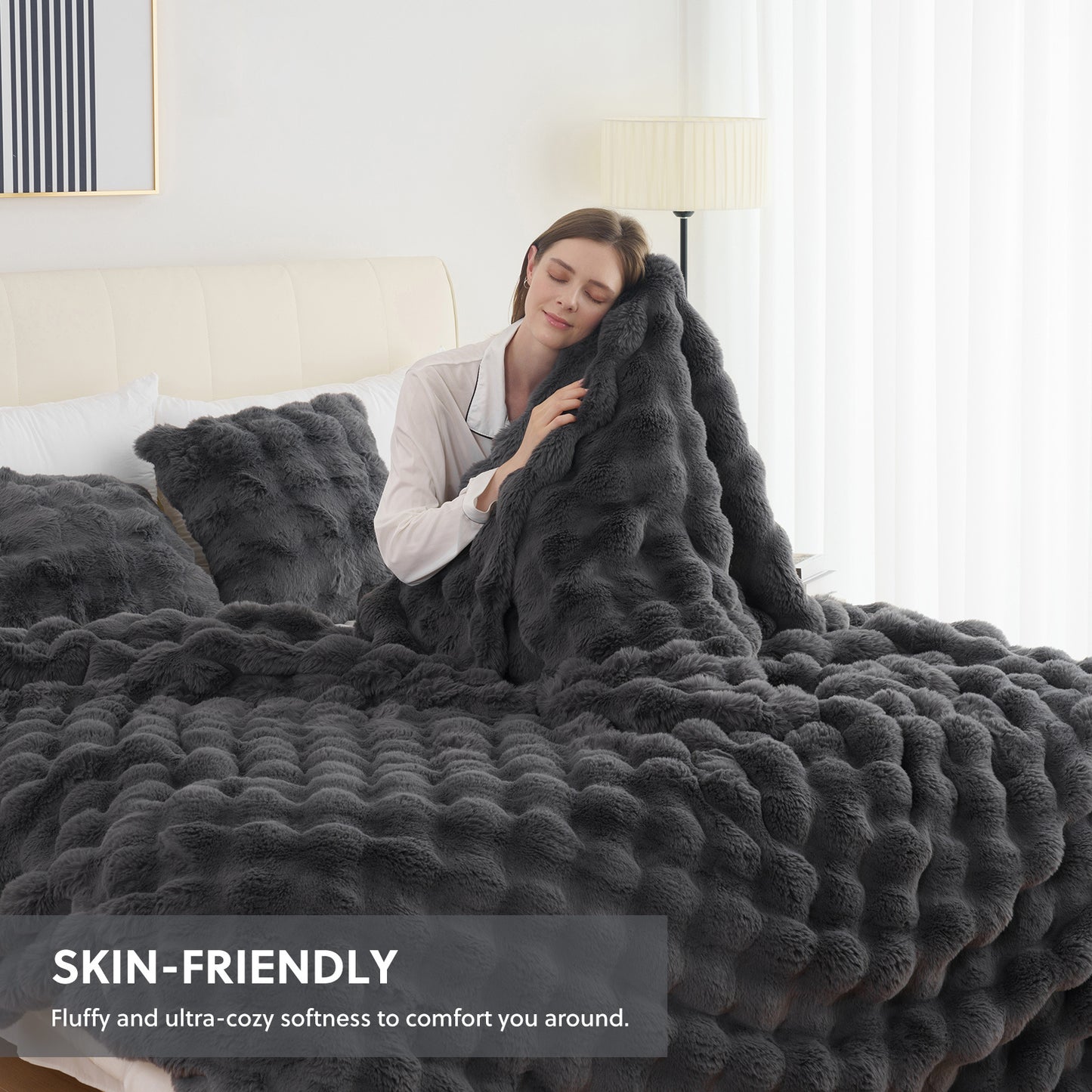 1PC Faux Rabbit Fur Queen Blanket For Bed Thick Warm Cozy