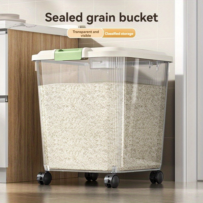 Large Volume Sealed Rice Barrel with Built-in Measuring Cups Insect and Moisture Resistant Reusable Food Grade Plastic Storage Container for Rice Grain Flour and Pet Food 30 Lbs Clear Design with Lid