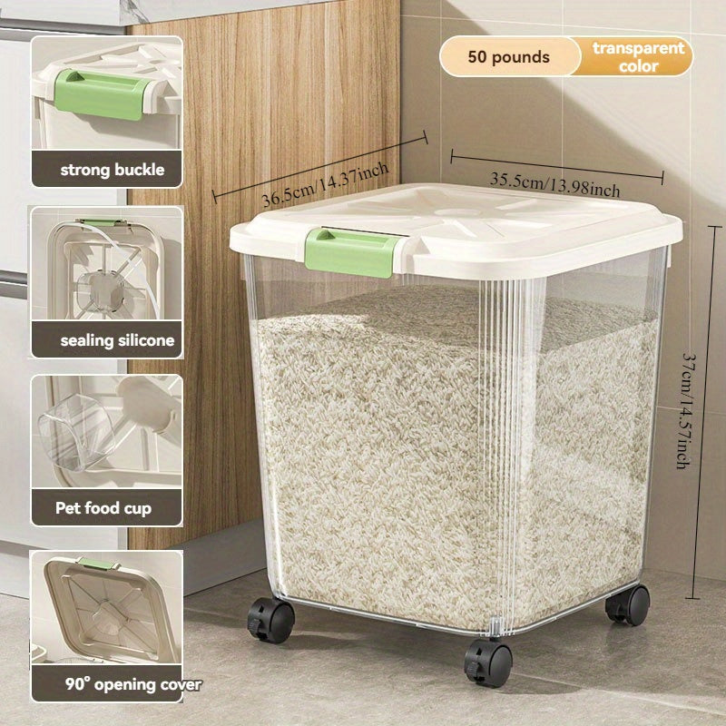 Large Volume Sealed Rice Barrel with Built in Measuring Cups Insect and Moisture Resistant Reusable Food Grade Plastic Storage Container for Rice Grain Flour and Pet Food 30 Lbs Clear Design with Lid