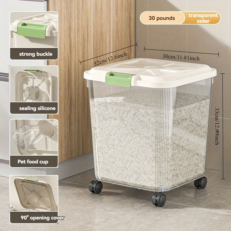 Large Volume Sealed Rice Barrel with Built in Measuring Cups Insect and Moisture Resistant Reusable Food Grade Plastic Storage Container for Rice Grain Flour and Pet Food 30 Lbs Clear Design with Lid