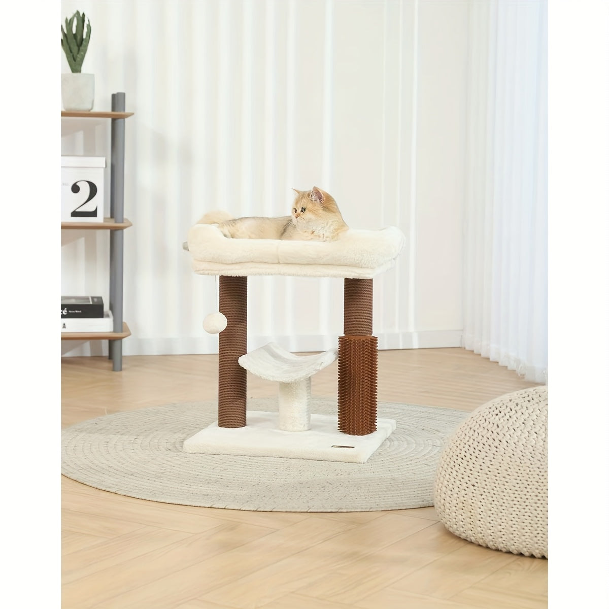 Multi Level Cat Tree Tower with Scratching Posts Plush Perch and Dangling Ball Indoor Activity Center for Cats Gray and Beige Design Durable Polyester Material