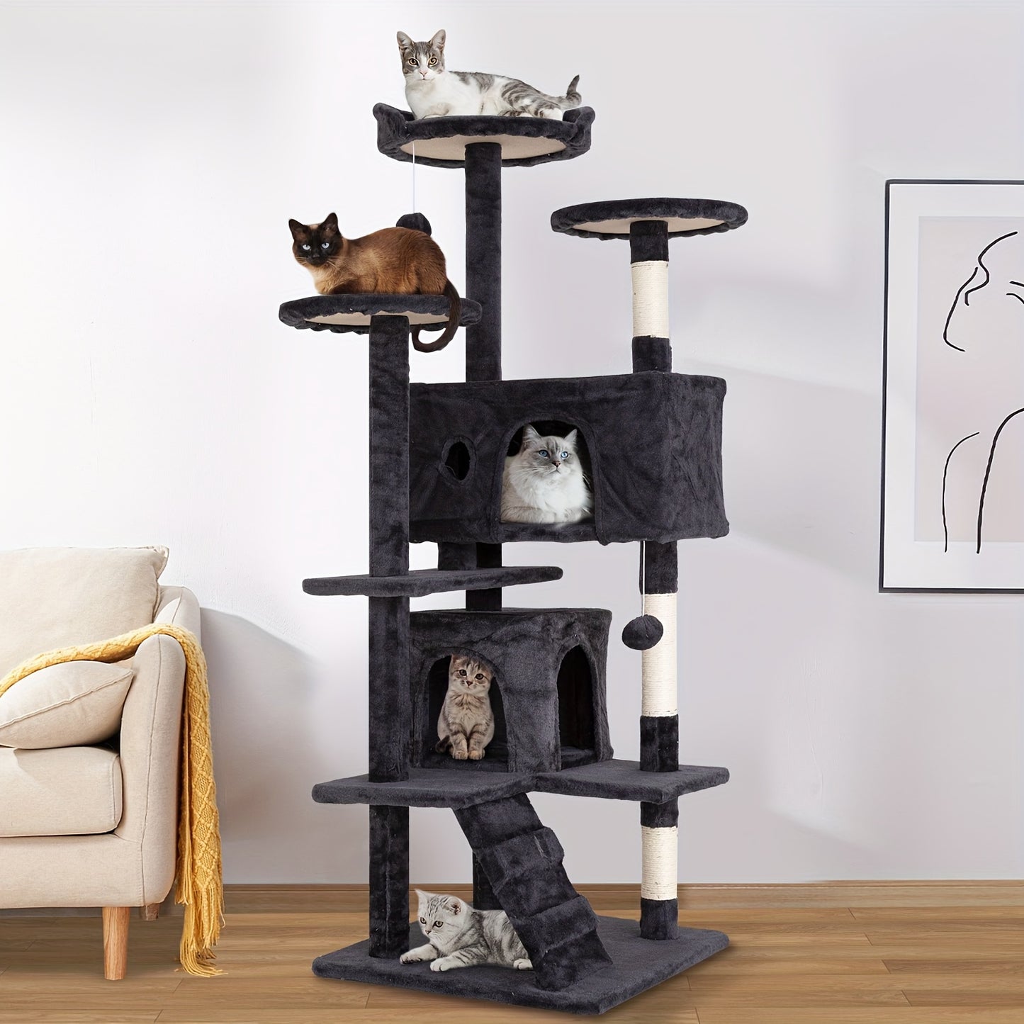 DOPINMIN 54 Inch Cat Tree Tower For Indoor Cats Multi Level Furniture Activity Center With Scratching Posts Stand House Condo Funny Toys Kittens Pet Play House Dark Gray