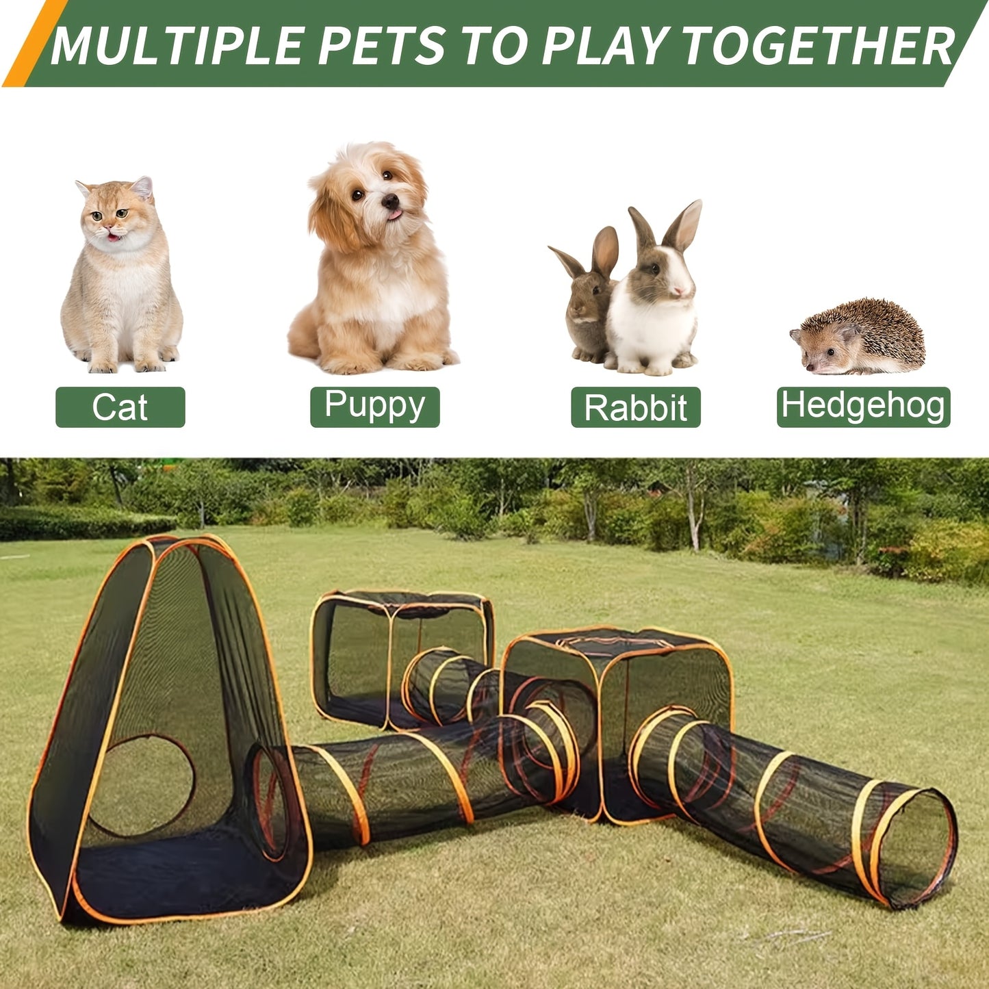 6 In 1 Foldable Pet Playpen With Tunnel And Tent For Cats And Dogs Outdoor Pop Up Cage Fence Black Fabric With Orange Accents Interactive Design For Indoor Outdoor Use