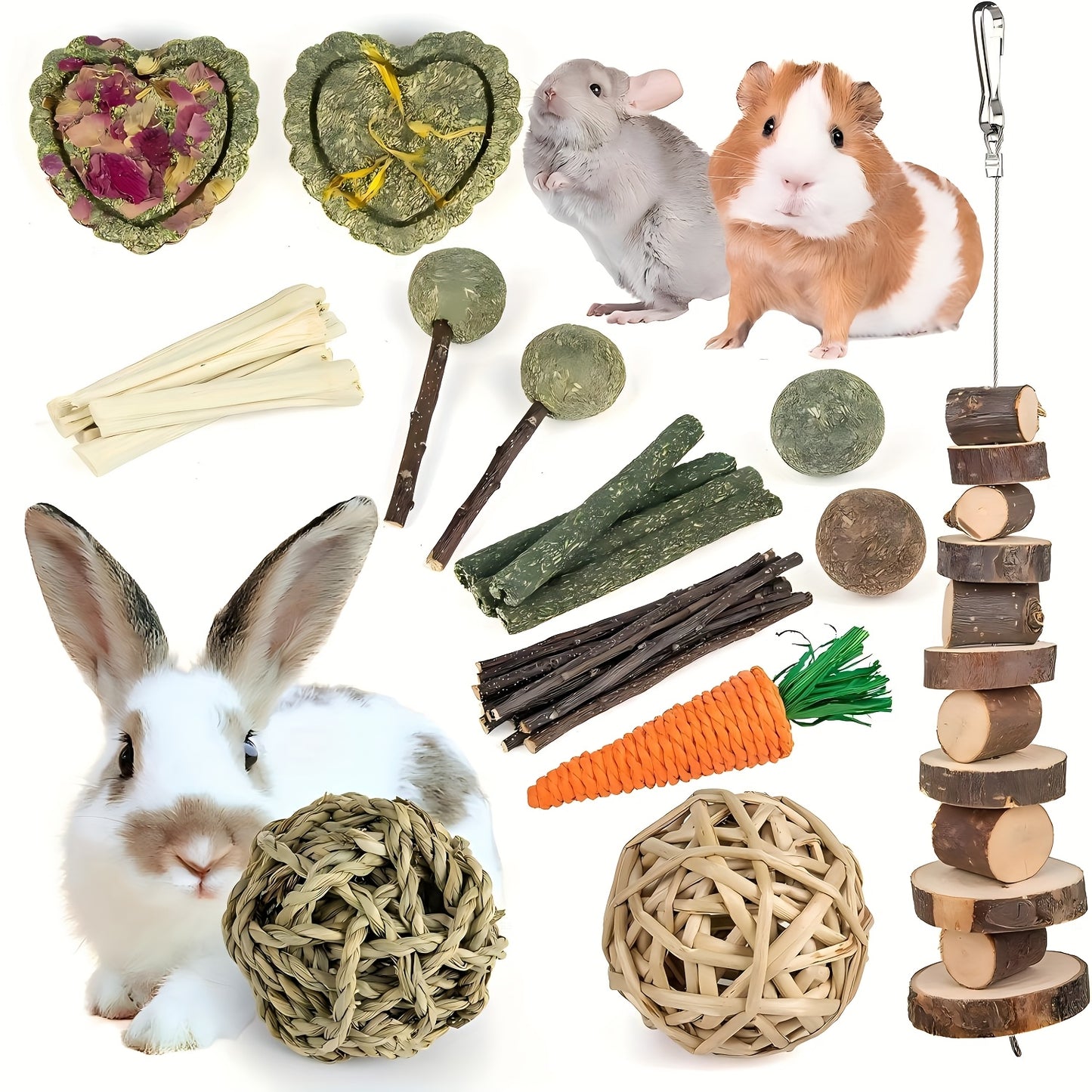 Natural Timothy Hay Chew Sticks Balls and Woven Wicker Toys for Rabbits Hamsters Guinea Pigs and Chinchillas High Quality Recycled Wood Dental Health and Mental Stimulation Pet Chew Toys