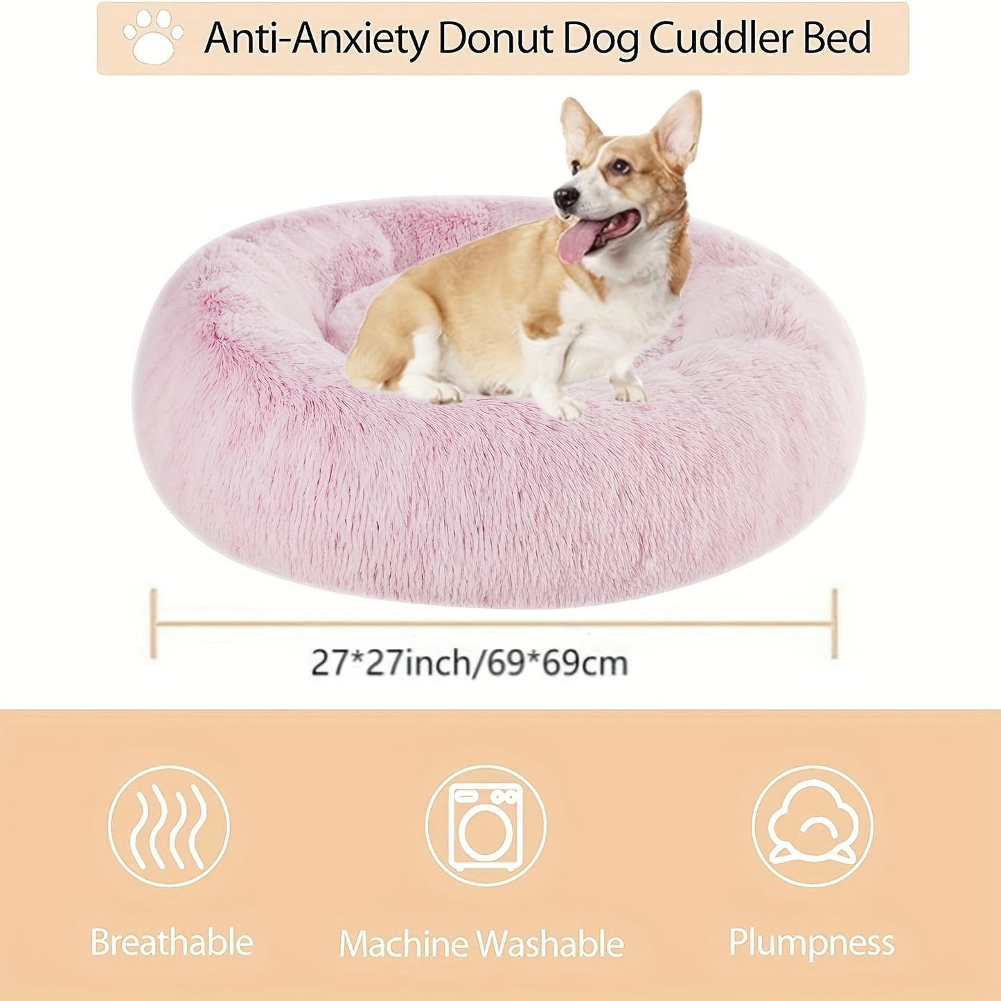 WNPETHOME Calming Anti-Anxiety Donut Dog Bed and Cat Cushion Fluffy Faux Fur Pet Bed with Non-Slip Bottom 4 Sizes for Small Medium and Large Dogs and Cats Pink Circular Design for All-Season Comfort