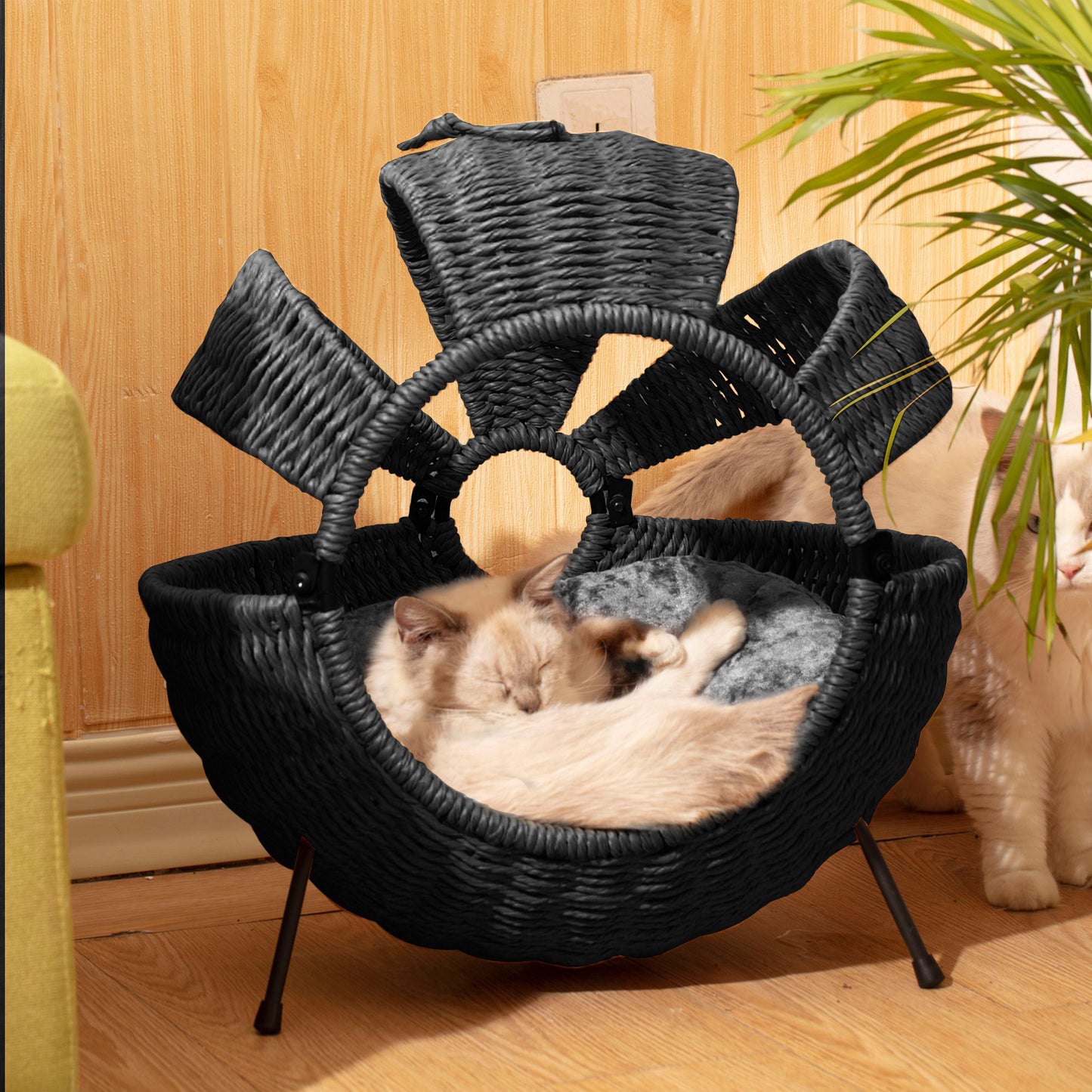 1pc Cozy Striped Rattan Cat House Large Indoor Outdoor Spherical Pet Bed with Cushion Durable Plastic Construction 20.5x20.5x14 Inches