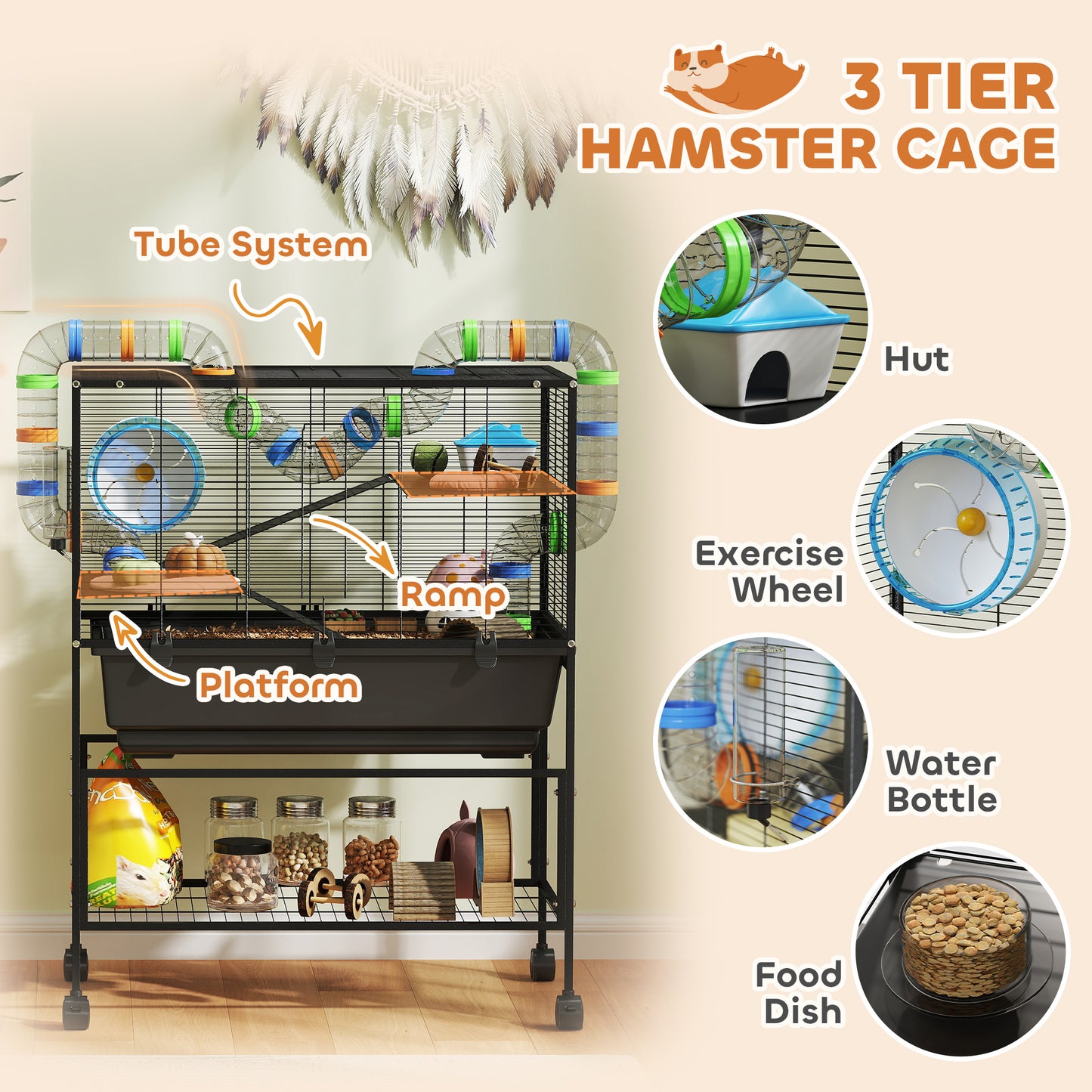 Hamster Cage with Deep Tray 3 Tier Rolling Rat Cage with Storage Shelf Big Exercise Wheel Tube System Hut Platforms Ramps Food Dish Water Bottle for Syrian Gerbil Mouse
