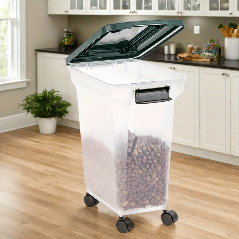 Airtight Pet Food Storage Container 22lb Capacity Clear Rectangular Design with Wheels Durable Easy Clean for Dog Cat Food Freshness Preservation Secure Lid Seal Transparent Body