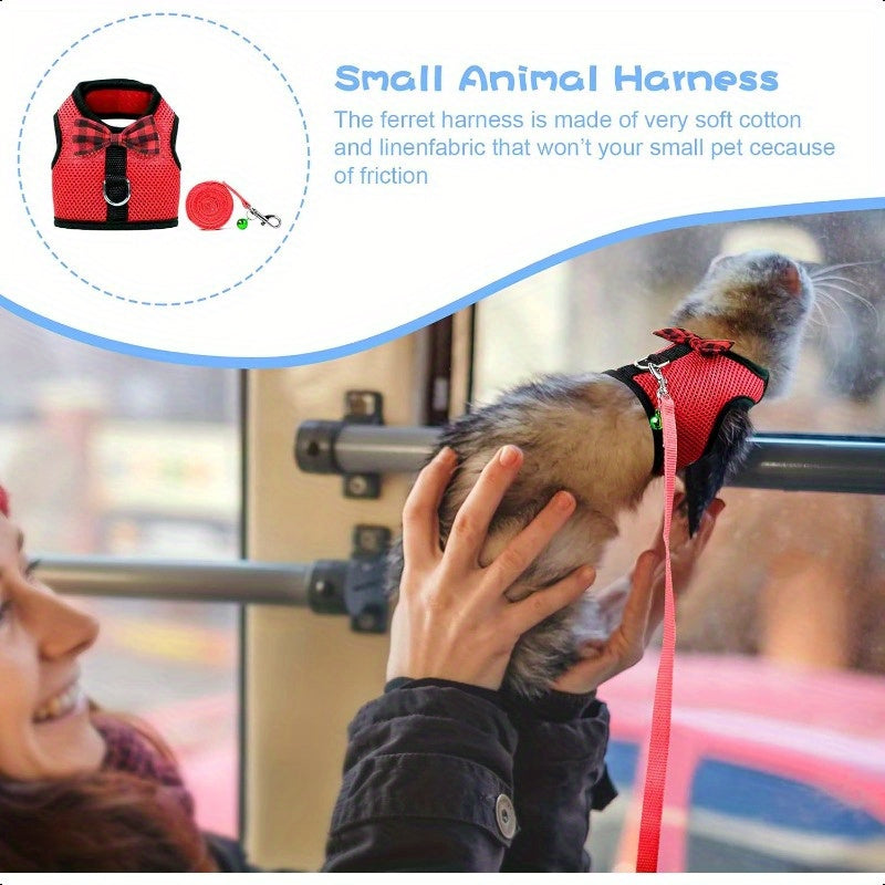 Small Animal Harness and Leash Soft Mesh Pet Harness with Safe Bell No Pull Comfort Padded Vest for Small Pets Red
