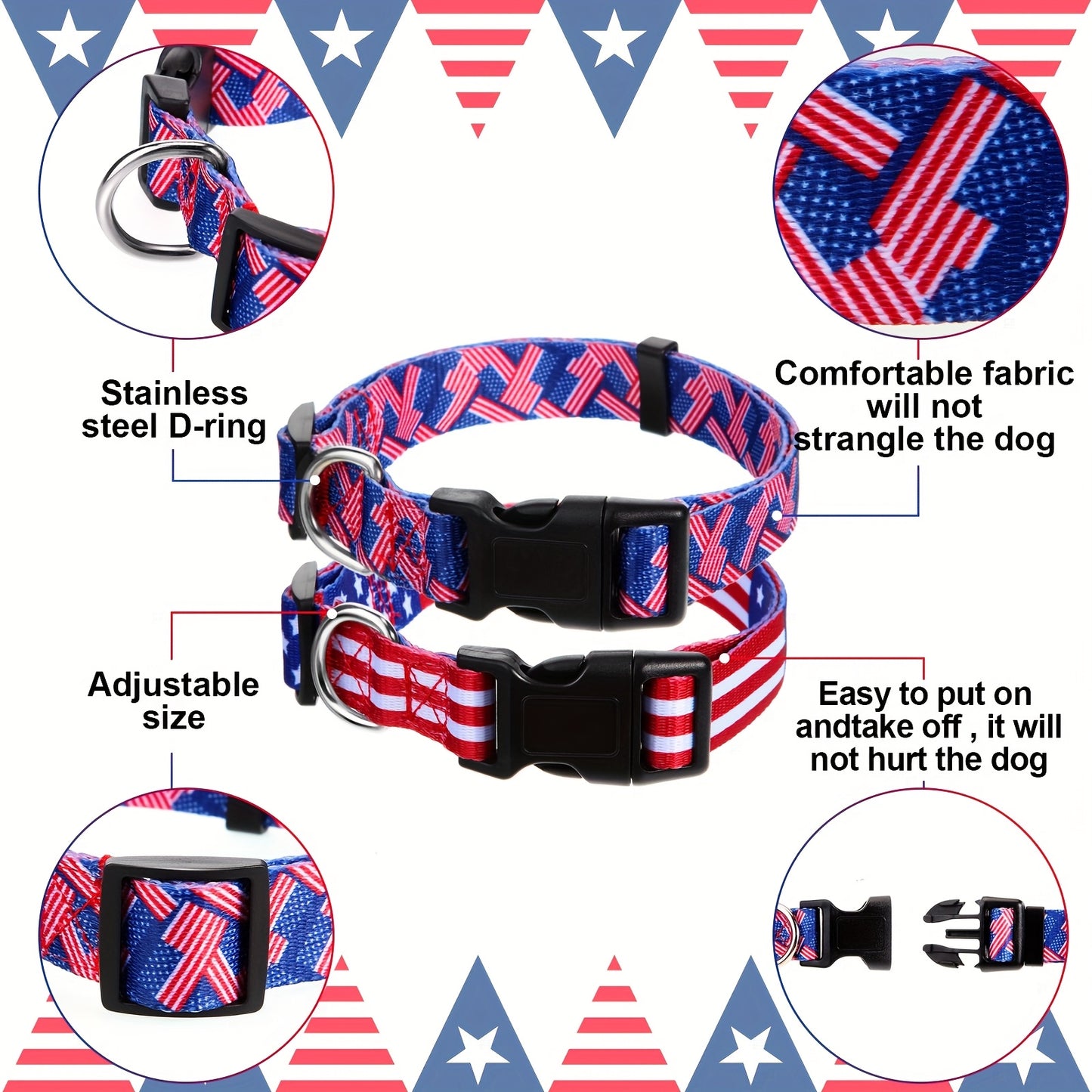 3Pcs American Flag Dog Collars Adjustable Soft Comfortable Pet Collars for Cats Dogs and Puppies Large