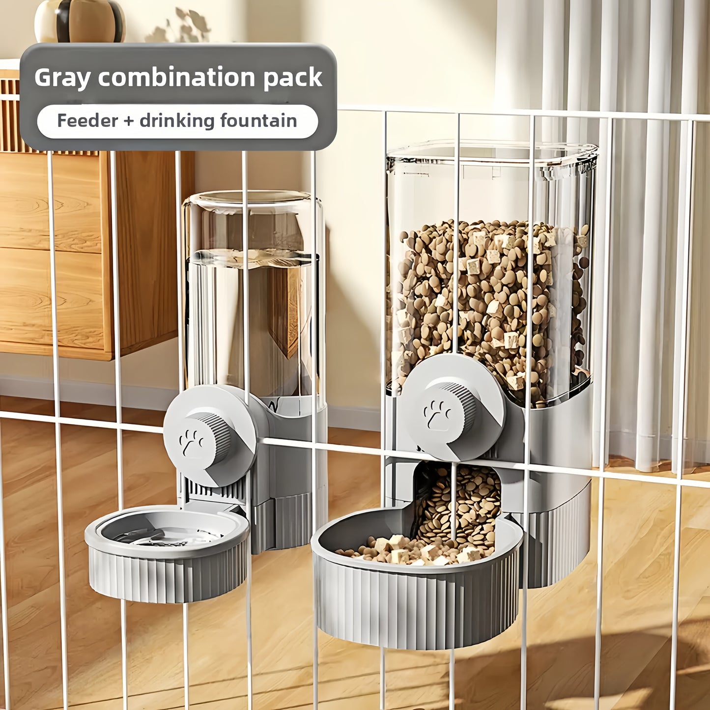 40.58 Ounce Large Capacity Cage Type Suspended Automatic Feeder and Drinking Water Set for Pets Including Rabbits Cats Dogs and Guinea Pigs Gray