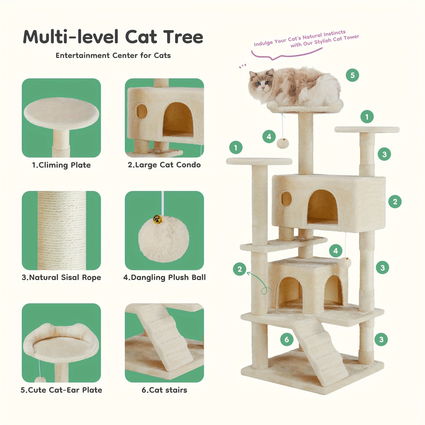 54in Cat Tree Tower for Indoor Cats with Multi-Level Design