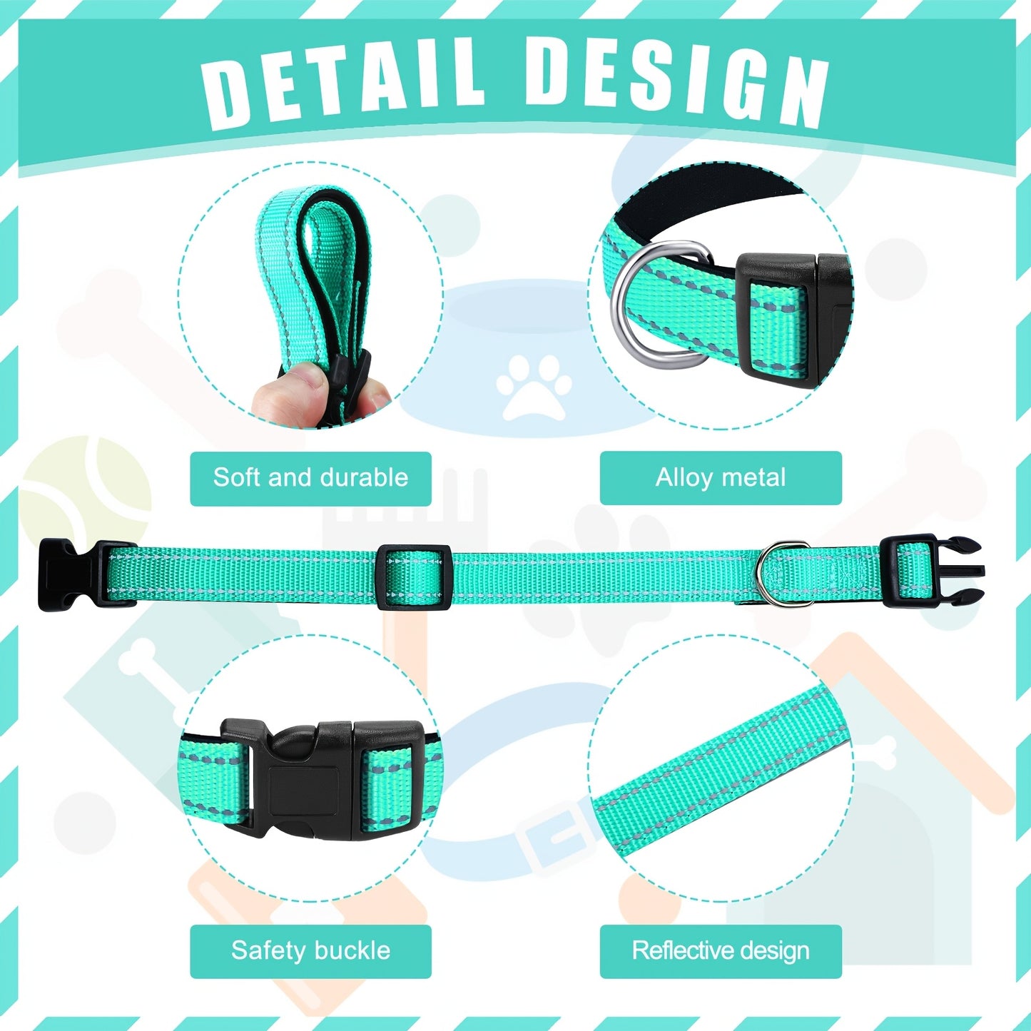 6 Pieces Reflective Dog Collar Soft Padded Breathable Nylon Adjustable Puppy Collar with Safety Locking Buckle for Dogs Cats Pets Accessories Fresh Color Large