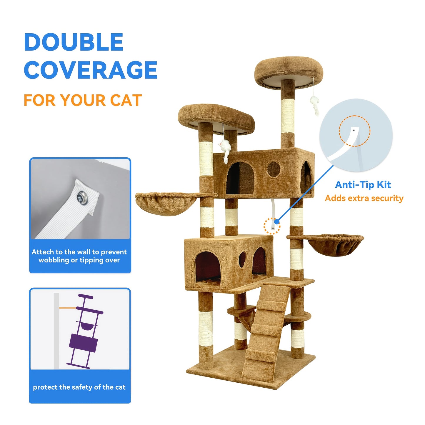 Large Deluxe Cat Tree Tower Multi-level Indoor Cat Condo Sisal-covered Scratching Posts Padded Perches Hammocks Secret Cat Den Plush Mouse Climbing Rope Stable Anti-tilt Design