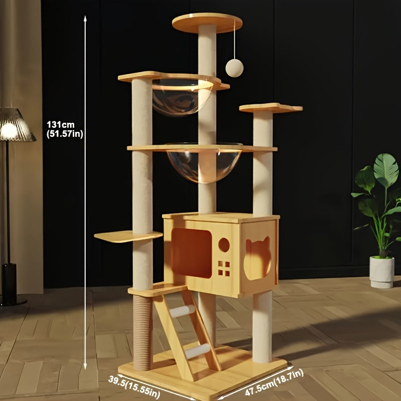 51 Inch Modern Cat Tree With Acrylic Dome Wooden Cat Tower Multi Level Wood Cat Condo Round Top Perch Scratching Post