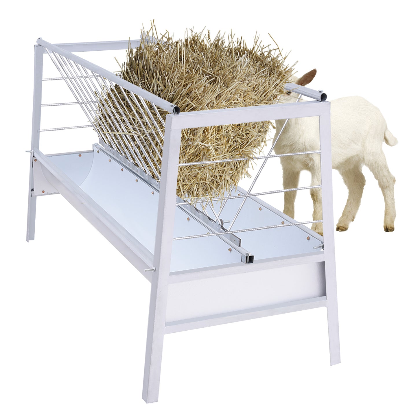 Heavy Duty Silvery Metal Livestock Feeder with Deep Pan Large Capacity Easy Clean Hay Rack for Goats Sheep and Miniature Horses