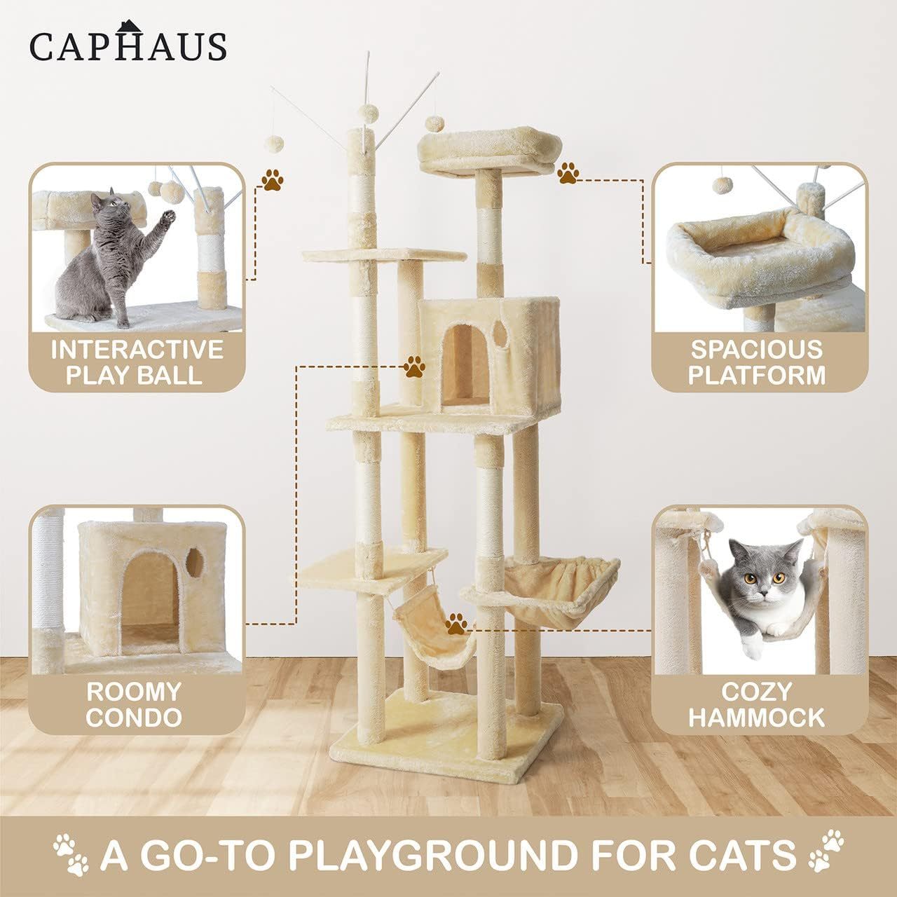 Caphaus Tall Cat Tree for Indoor Cats Modern Cute 70 Inch Climbing Play Tower with Top Perch for Large Kittens Multi Level Cat Activity Tree with Scratching Posts Hammock Cat Cave Condo