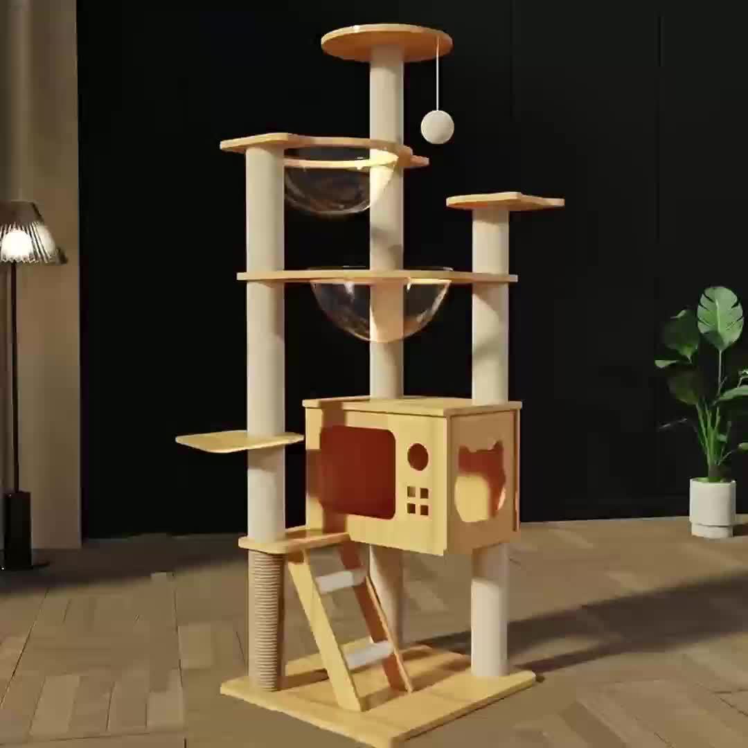 51 Inch Modern Cat Tree With Acrylic Dome Wooden Cat Tower Multi Level Wood Cat Condo Round Top Perch Scratching Post