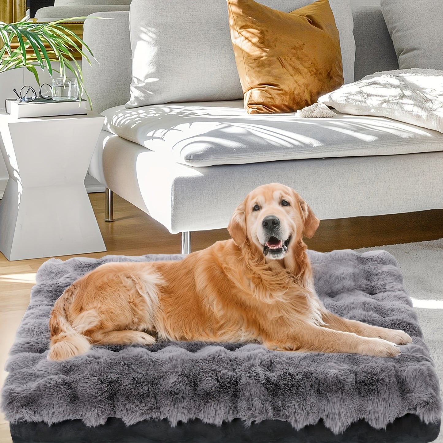 Orthopedic Dog Bed for Extra Large Dogs Soft Plush Faux Fur Fluffy Mat with Removable Washable Cover Anti Slip Bottom Striped Pattern Machine Washable Grey Pet Bed for Joint Relief and Home Decor