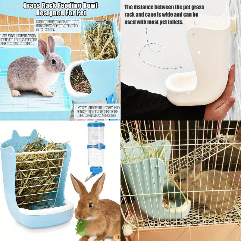 Rabbit Hay Feeder Rack with Bowl and Water Bottle for Grass and Food Blue
